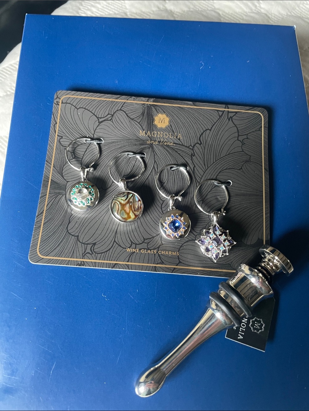 Magnolia and Vine Silver Wine Stopper and Blue Charm Set